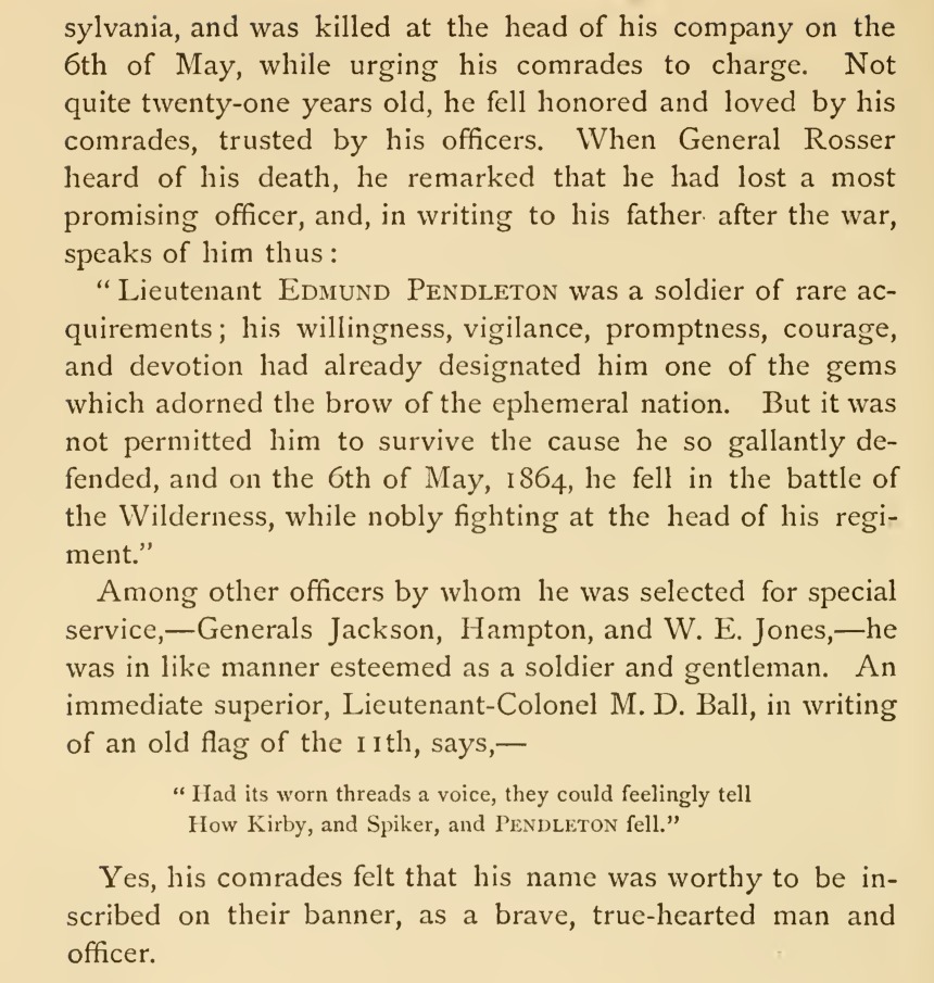 A cropped printed page from the 1875 Memorial of the Virginia Military Institute, showing the upper part of a printed page: the end of a sketch telling that he was killed at the head of his company on the 6th of May, and a quoted letter from General Rosser.
