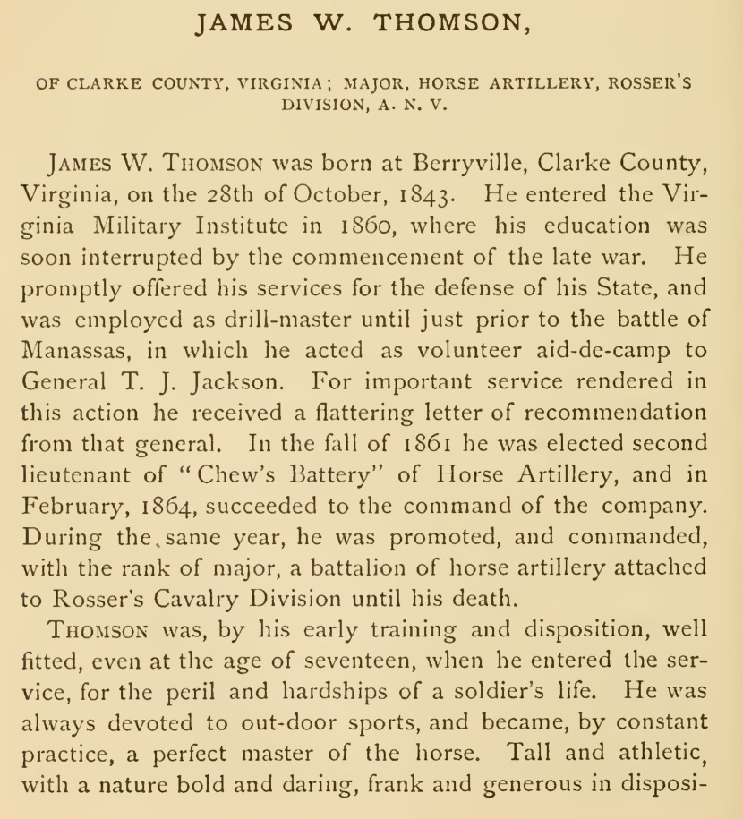A cropped printed page from the 1875 Memorial of the Virginia Military Institute, showing the printed heading JAMES W. THOMSON, OF CLARKE COUNTY, VIRGINIA; MAJOR, HORSE ARTILLERY, ROSSER'S DIVISION, A. N. V., and the first paragraphs of his sketch.