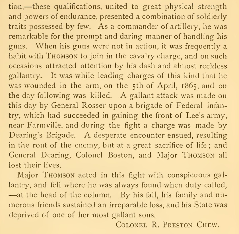 A cropped printed page from the 1875 Memorial of the Virginia Military Institute, showing the upper part of a printed page: the end of a sketch on his wound, the attack by General Rosser near Farmville, and the signature Colonel R. Preston Chew.