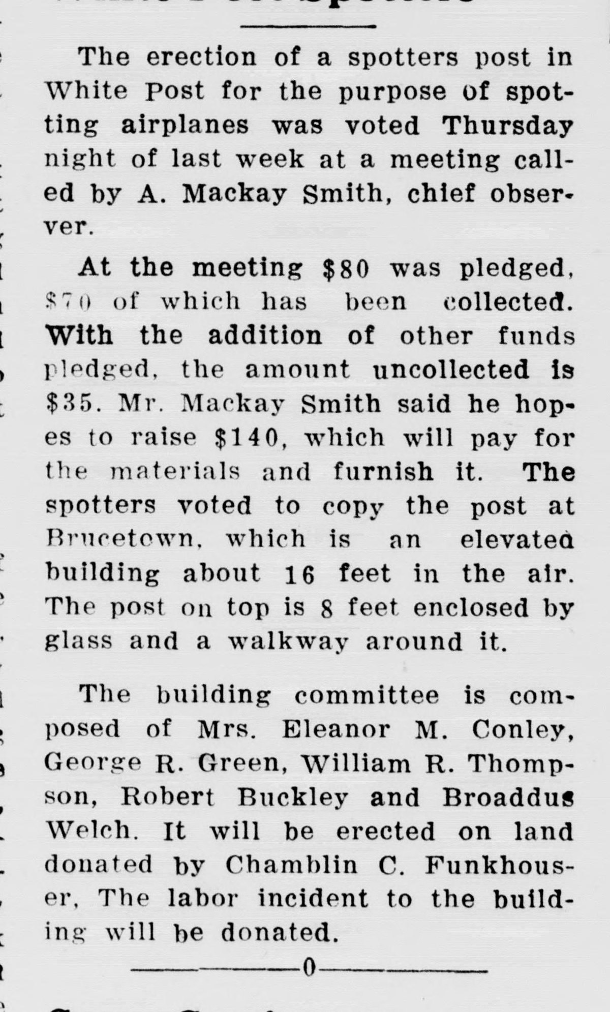 A newspaper item whose headline is cut off at the top edge. It reports that White Post spotters voted to erect a spotters post at a meeting called by A. Mackay Smith, chief observer, copying the elevated post at Brucetown with its glass-enclosed room and walkway, and names the building committee and the donor of the land.