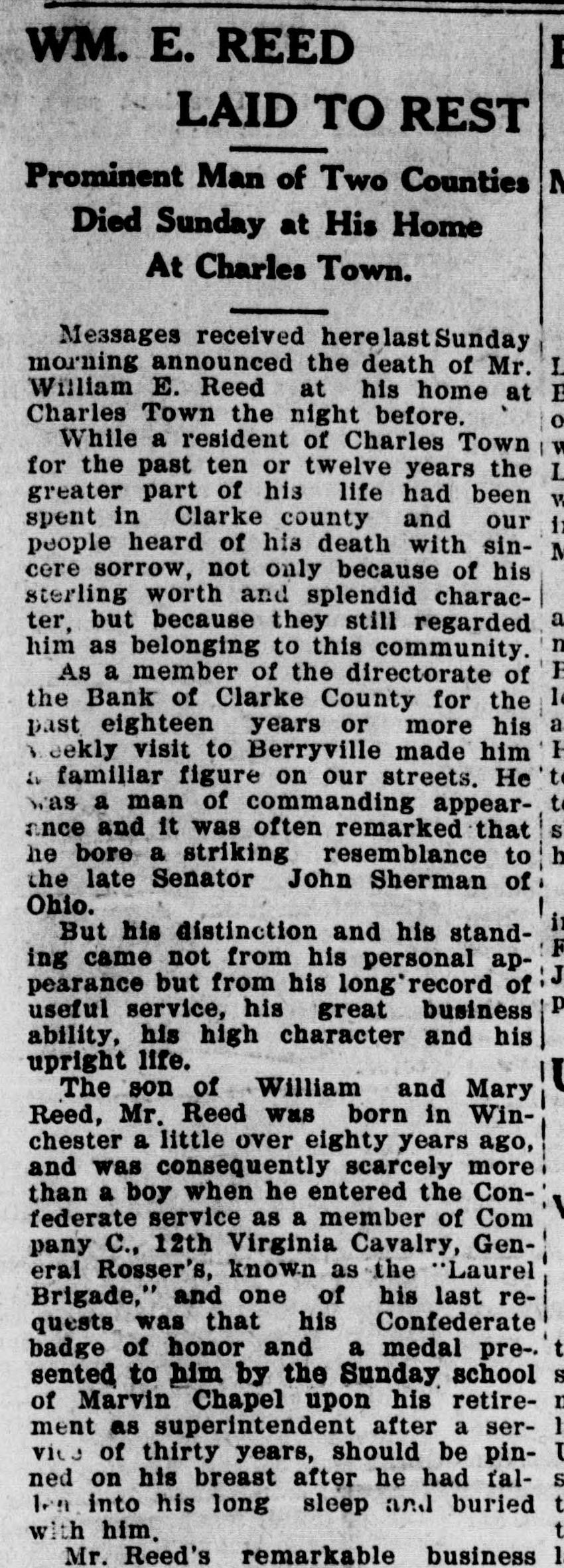 A newspaper column headed "Wm. E. Reed Laid to Rest," saying he entered the 12th Virginia Cavalry as scarcely more than a boy and asked to be buried with his badge of honor and a Sunday school medal.