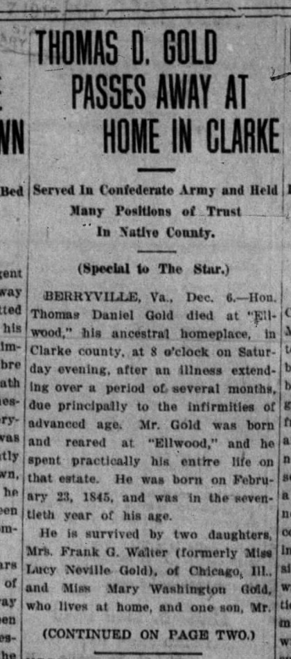 A cropped newspaper column from the Winchester Evening Star of December 6, 1915, showing a newspaper column with the headline THOMAS D. GOLD PASSES AWAY AT HOME IN CLARKE, a three-line deck, the dateline BERRYVILLE, Va., Dec. 6, and the first paragraphs of the report, ending with the line CONTINUED ON PAGE TWO.