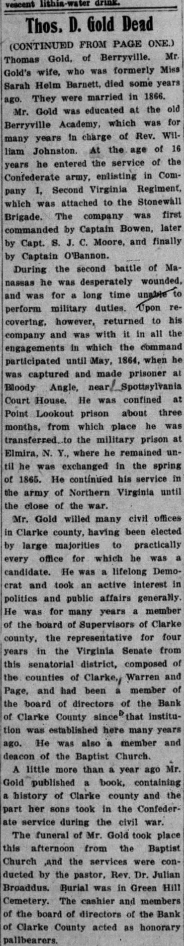 A cropped newspaper column from the Winchester Evening Star of December 6, 1915, showing a long narrow newspaper column headed Thos. D. Gold Dead, CONTINUED FROM PAGE ONE, running over his family, his service in the Confederate army, his later public offices, a book he published and the funeral.